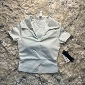 🤍 Gold Hinge White Preppy V-neck Polo Top Shirt Collared